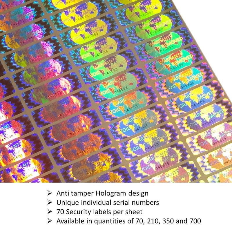 350 Hologram Tamper Evident, Tamper Proof Stickers. Warranty Void If Removed. Individual Serial Numbers. Tamper Foil Tape Labels. Destroyed Upon Removal with Residual Text Left on Item. (350 Sticker) 350 Sticker