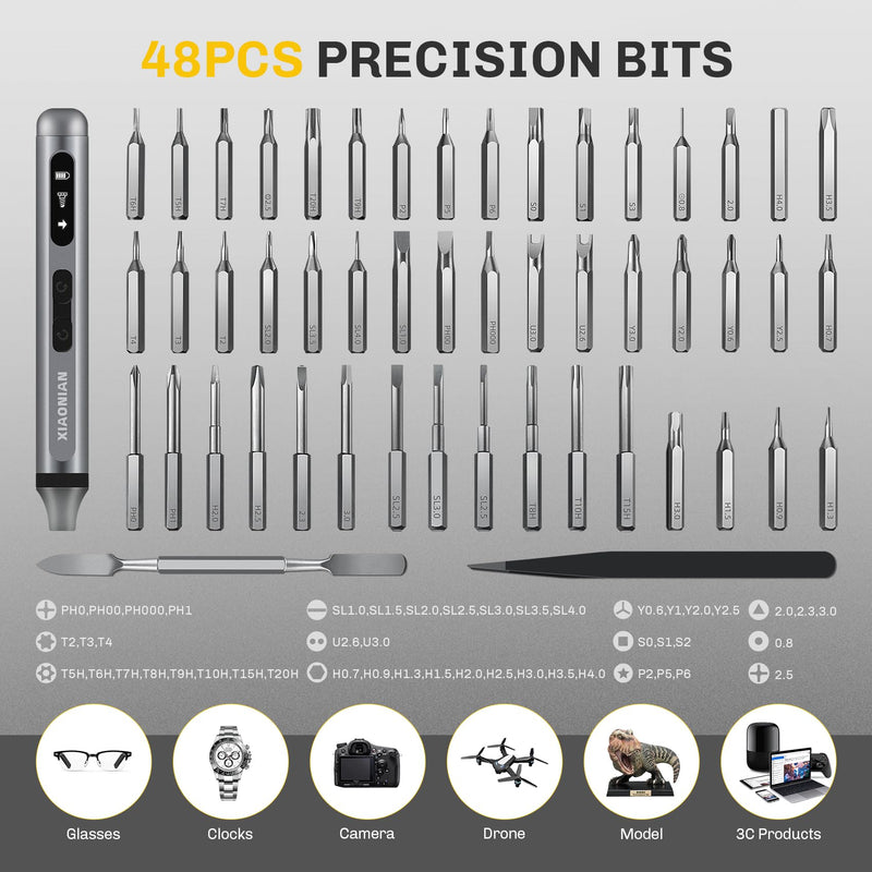 52 in 1 Electric Screwdriver Set,XIAONIAN 3.7V Mini Precision Screwdriver Set with 48 S2 Magnetic Bits,USB-C Charging Cable,LED Light,Small Repair Tool Kit for Phone,Watch,Eyeglasses,PC,Camera,Laptop 3-electronic-52 in 1