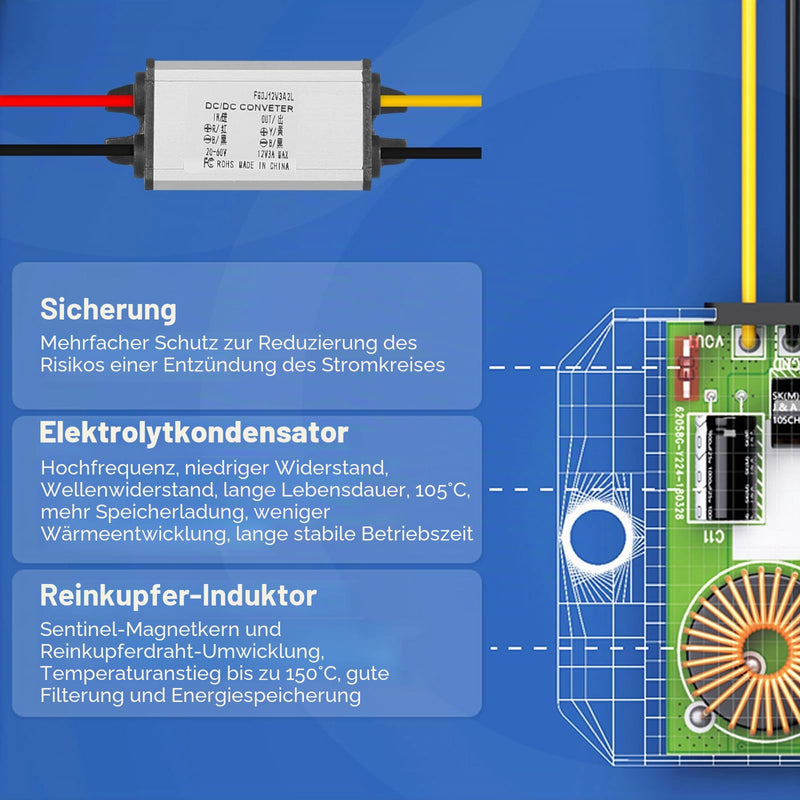 24V to 12V DC Step-Down Converter, 20-60V to 12V 3A Voltage Converter, Voltage Reducer Converter, Waterproof Power Supply Module Transformer, Voltage Limiter Adapter 20V-60V to 12V 3A