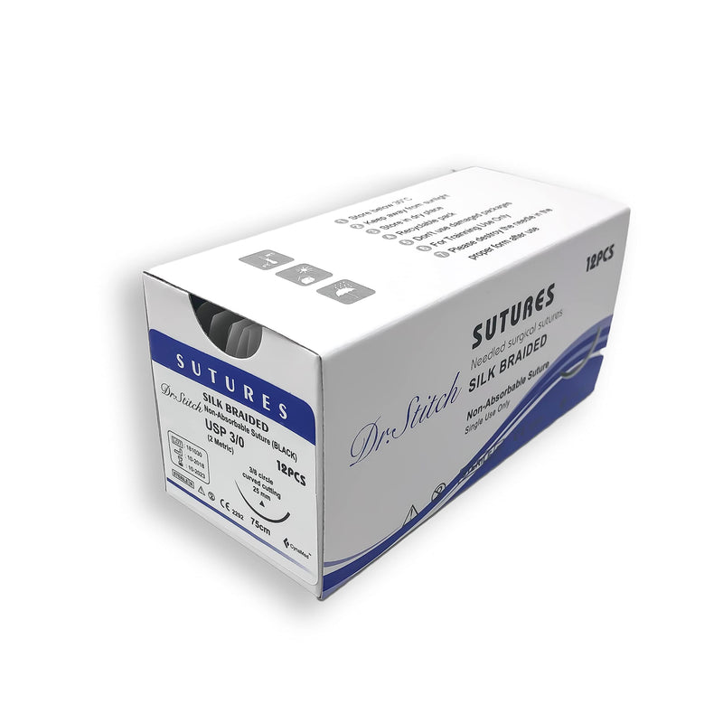 [Australia - AusPower] - CynaMed Suture Thread with Needle (12-Pack) - Training Sutures Pkg. of 12 - 'Black' Threads (12, 3/0, 25mm Blade, 1/2 Reverse Cutting) 
