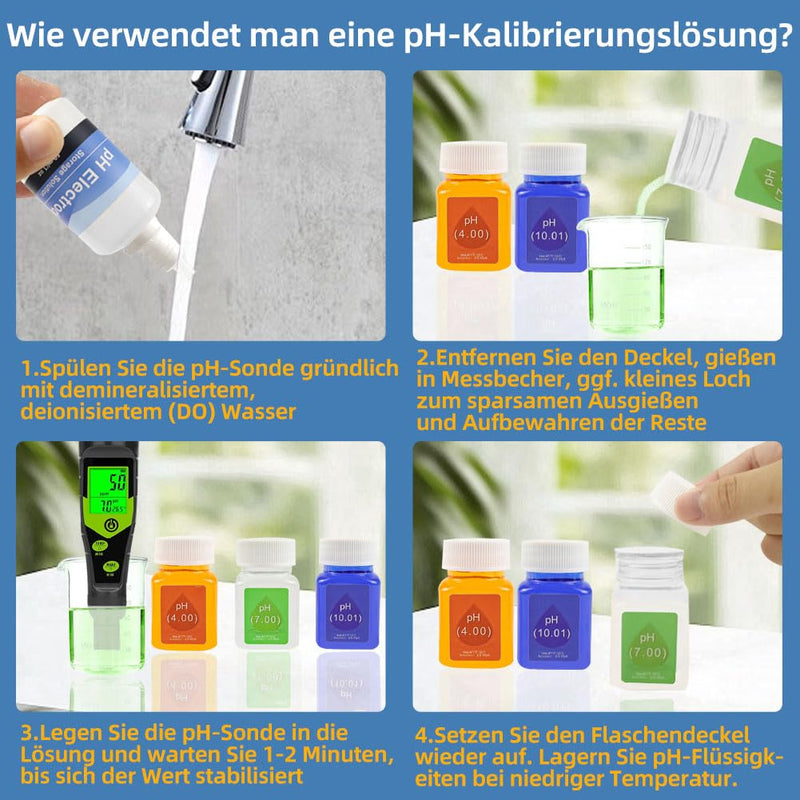 PH Calibration Solution Set (4.00, 7.00 and 10.01) with KCL Buffer Solution, 3 Bottles 50 ml PH Calibration Buffer Solution and 1 Bottle 50 ml KCL PH Probe Solution for PH Meter