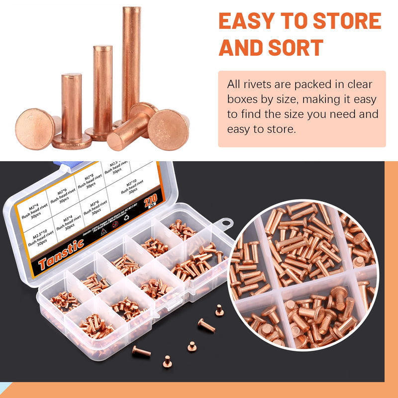 [Australia - AusPower] - 270Pcs Flat Head Copper Solid Rivets, M2x4/6/8, M2.5x5/8/10, M3x4/6/10 Solid Copper Rivets Fasteners for Electrical Applications Copper Finish Copper Tone 