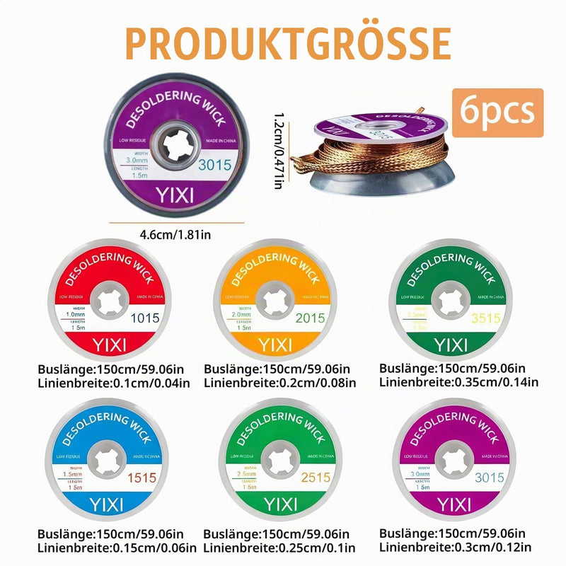 Desoldering Braid, Desoldering Wire, No-Clean Soldering Braid, 1.5 m Copper Wire (1.0/1.5/2.0/2.5/3.0/3.5 mm) for Desoldering, Ideal for Desoldering and Removing Solder at Soldering Points
