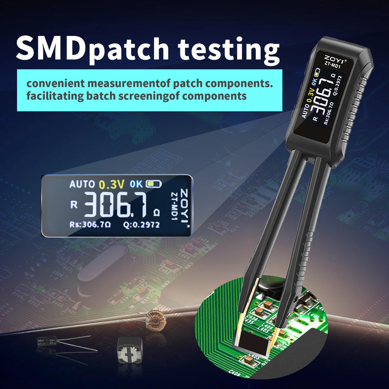 [Australia - AusPower] - LCR Meter Zoyi MD1 Bridge SMD Test Clip with OLED Display, Auto Identification, 10mΩ-10MΩ Resistance, 1pF-20mF Capacitance, 1uH-60H Inductance, Lithium Battery Powered, Portable for Electronic Repairs 
