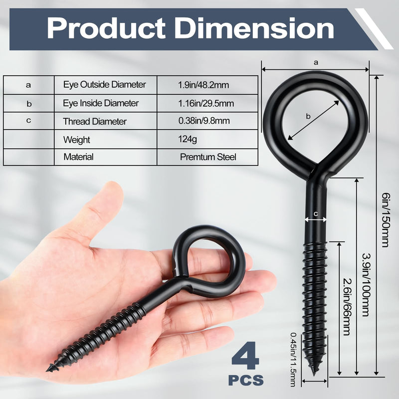 [Australia - AusPower] - DELSWIN Eye Hooks Screw Eye Bolt - 800Lbs, 6 Inch Heavy Duty Eye Hooks, Rustproof Self Tapping Eye Bolts Eyelet Screw for Indoor & Outdoor, Hammock, Swing, Securing Cables Wire (4 Pack) Black (6Inch)-4Pcs 