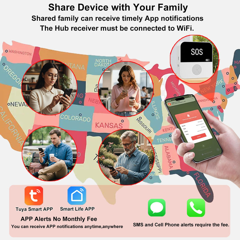 Wireless Caregiver Pager Life Alert System for Seniors No Monthly Fee, Wi-Fi APP Control Medical Alert Systems for Seniors at Home, Waterproof Call Button for Elderly, Patients, Disabled 1 Receiver+1 Button+1 Watch