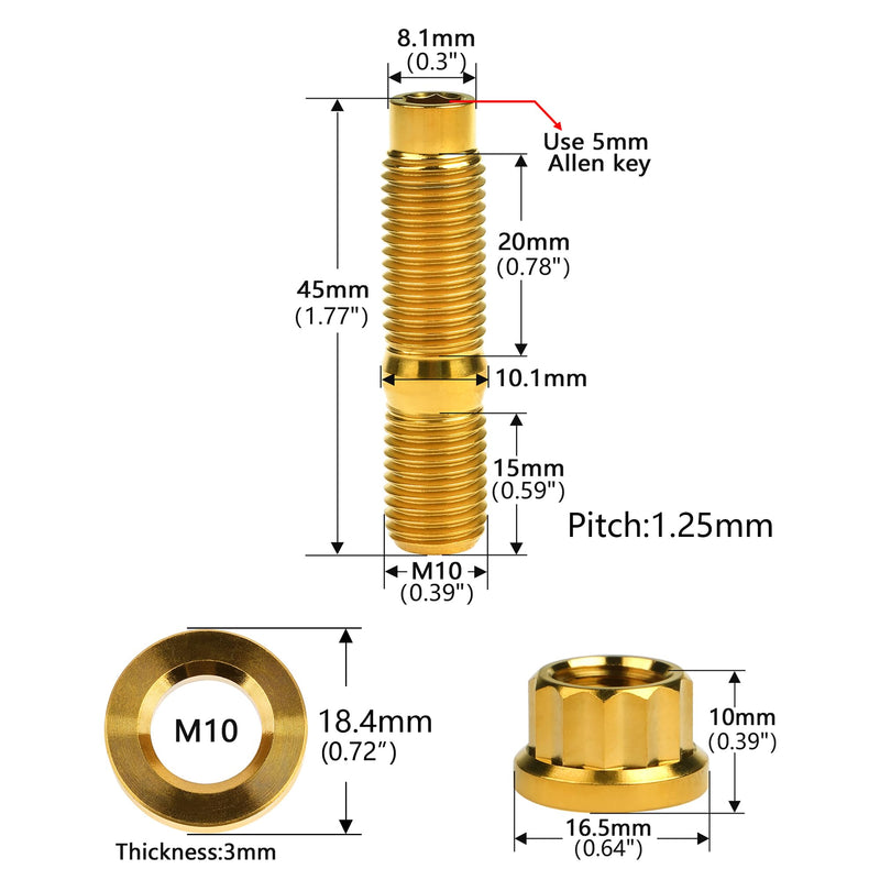 [Australia - AusPower] - Titanium Bolt M8 M10x45 54 55 65mm Pitch 1.25 Automotive Exhaust Manifold Stud Kit Screws Nuts Washers Kit 4pcs/Sets (Gold, M10x45mm Pitch 1.25) Gold 