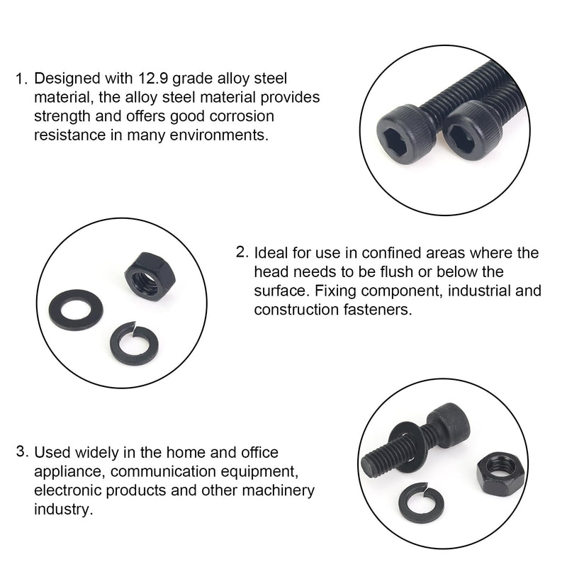 [Australia - AusPower] - 386 Pieces M4 Black Screws, 12.9 Grade Alloy Steel M4x 5/6 /8/10 /12/16 /20mm Hex Socket Head Cap Screws Bolts Nuts Washers Assortment Kit 