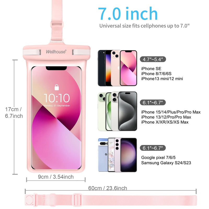 [Australia - AusPower] - wellhouse Waterproof Phone Pouch, Waterproof Phone Case for iPhone 15 14 13 12 Pro Max XS Samsung, IPX8 3D Cellphone Dry Bag Beach Essentials Pink 1Pack 7.0" 1 Pack - Pink7.0" 