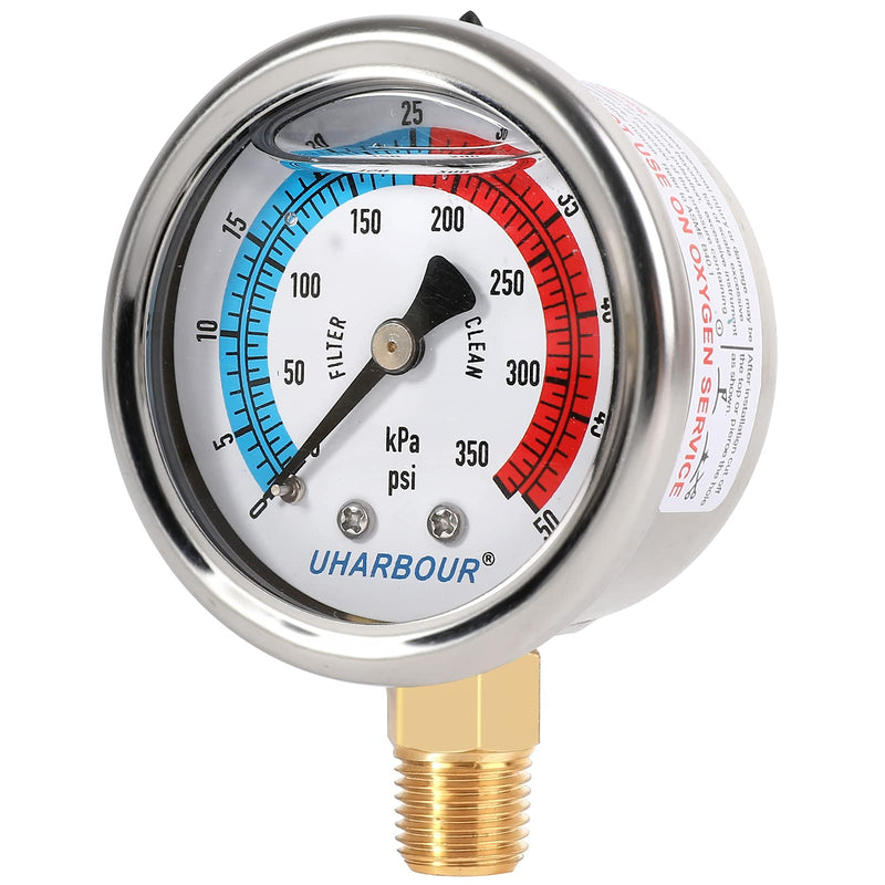 [Australia - AusPower] - Water Pressure Gauge, Glycerin Filled Pool Filter Pressure Gauge 0-50 PSI/350KPA,2" Dial and 1/4"NPT Bottom Mount, including Seal Tape 0-50PSI Lower Mount 