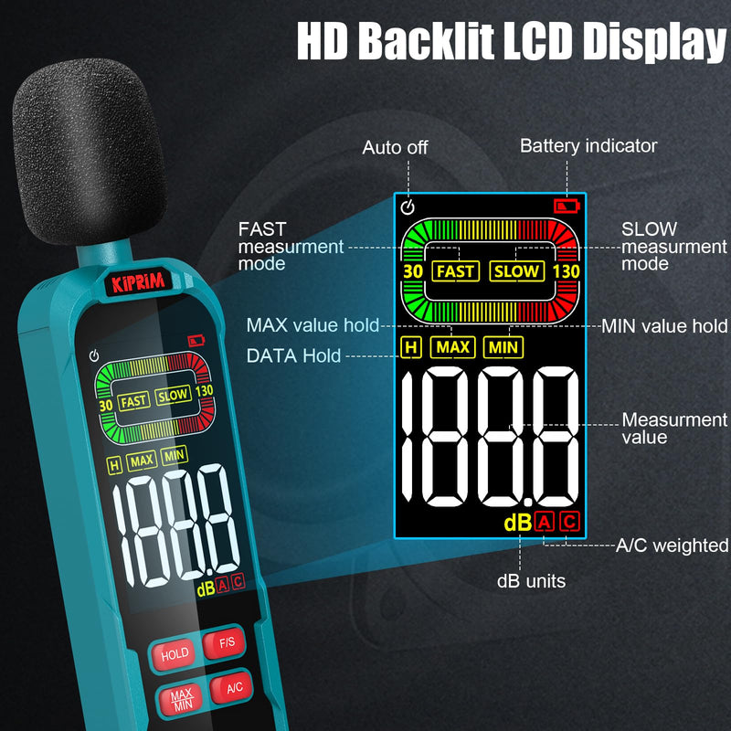 [Australia - AusPower] - Kiprim NM01 Decibel Meter with Max/Min Value Recording Volume Meter Sound Level Meter DB Meter with A/C Weighting and Backlit LCD Screen - Includes Carry Bag 