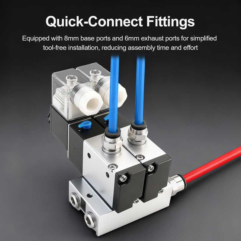 Baomain 4 Station Solenoid Valve Manifold, 12V DC 3 Way 2 Position Pneumatic Air Valve, Four Solenoid, 1/4" PT Port, Includes Manifold Base & Mufflers, 3V210-08 4-Station Valve Kit