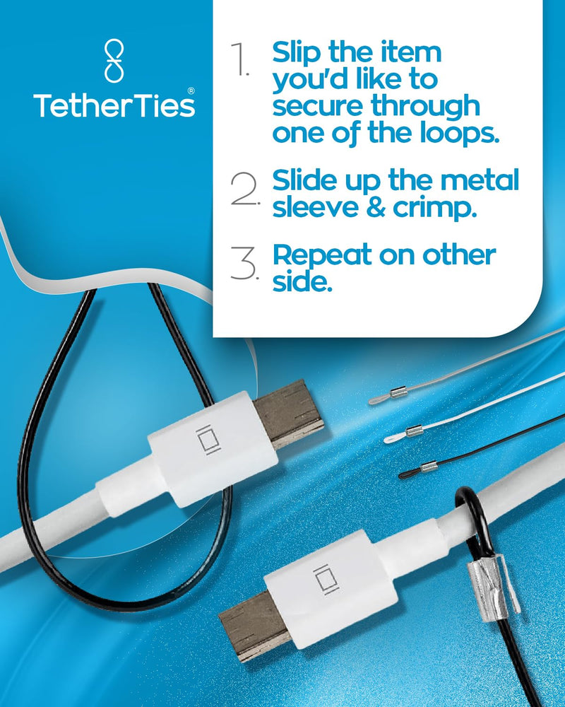 [Australia - AusPower] - Patented Pre-Assembled Adapter Ties - Anti-Theft Cable Locks for Tools, Dongles, Tethers, Computer adapters. Steel Cable, Security Lock, Easy Installation with Free Crimping Tool Silver 5 Pack TetherTies Cable Tethers 