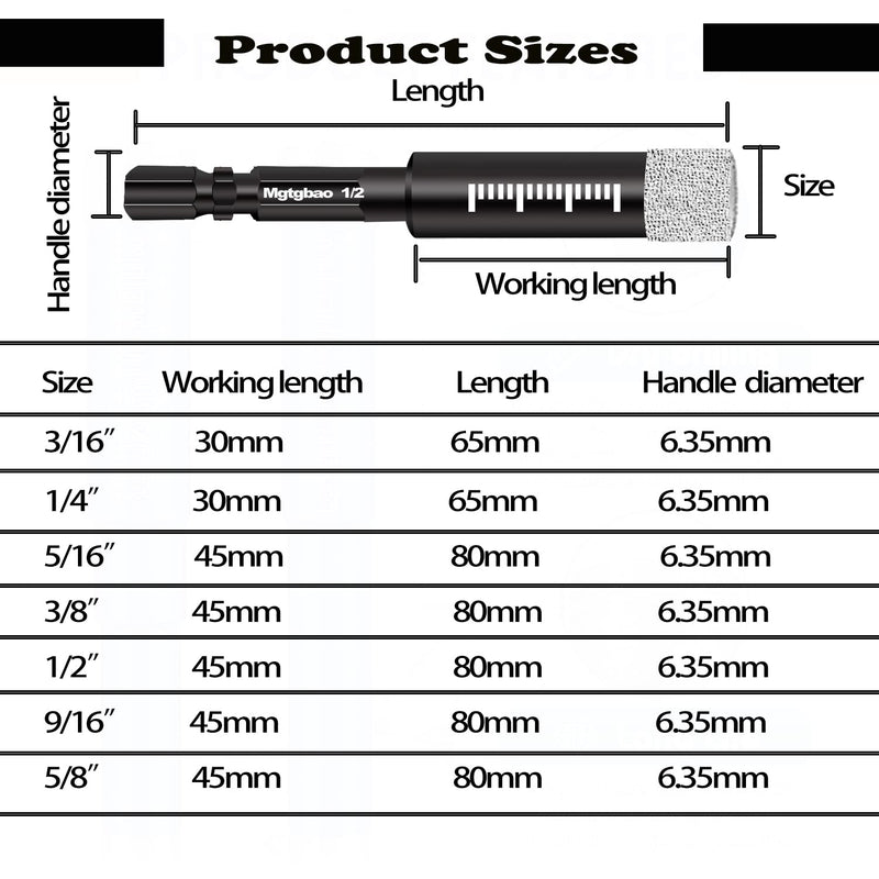 6pc 9/16” Black Dry Diamond Drill Bits Set, 14mm Hex Shank Core Drill Bit Brazed with Cooling Wax for Porcelain Tile Ceramic Concrete Granite Marble Hard Materials (not for Wood). 9/16 in 6