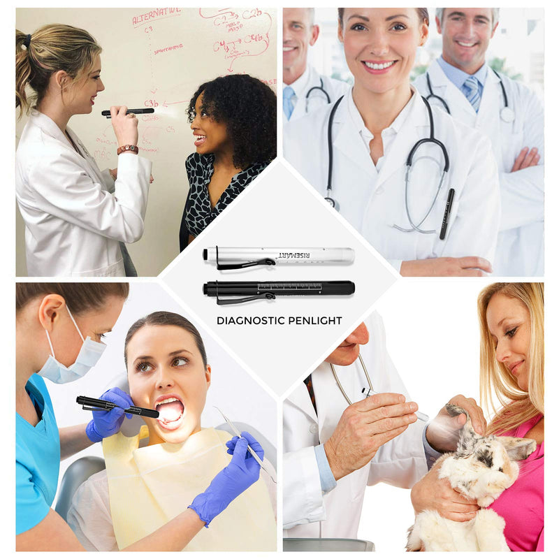[Australia - AusPower] - RISEMART Pen Lights for Nurses, 2 Pack Reusable Medical Light with Pupil Gauge and Ruler, White Light LED Penlight for Student Doctors EMT (Black/White) Black and White 