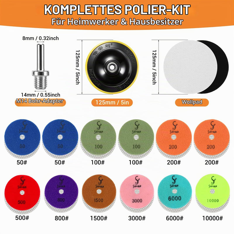 Diamond grinding wheel wet 100 mm, 16 pieces polishing set for granite, marble | Concrete & Stone, Diamond Sanding Pads for Angle Grinders, Grit 50-10000