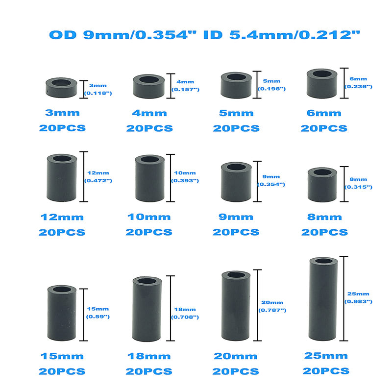 [Australia - AusPower] - OD 9mm(0.354") ID 5.4mm(0.212") Plastic Unthreaded Spacers Assortment Kit;Wall Plate spacers for M5 Screws;Clearance Spacers;Round Spacers;3mm to 25 mm Lengths (Black) OD 9mm ID 5.4mm 