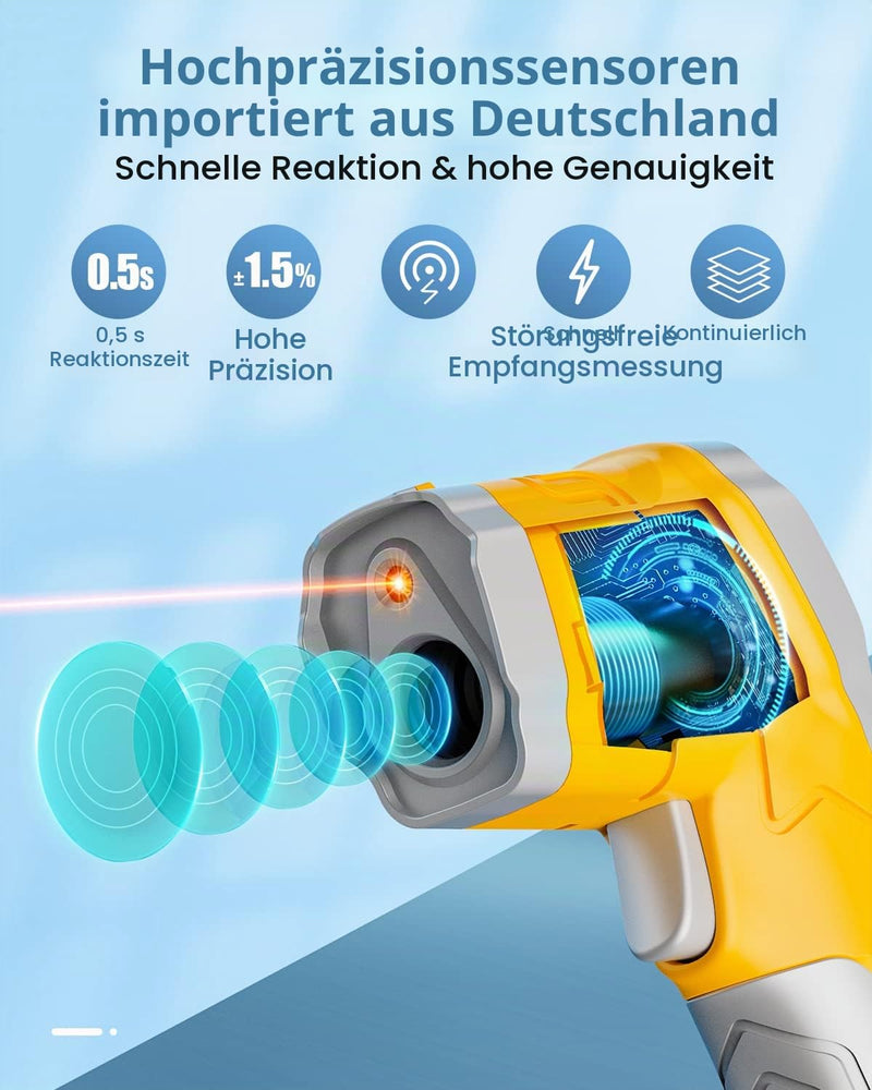 Eventek Infrared Thermometer, -50°C ~ 600°C Temperature Meter, 0.1-1.0 Adjustable Emissivity Laser Thermometer, Colored HD Screen Thermometer for Kitchen, Pizza, Cooling, Industry yellow