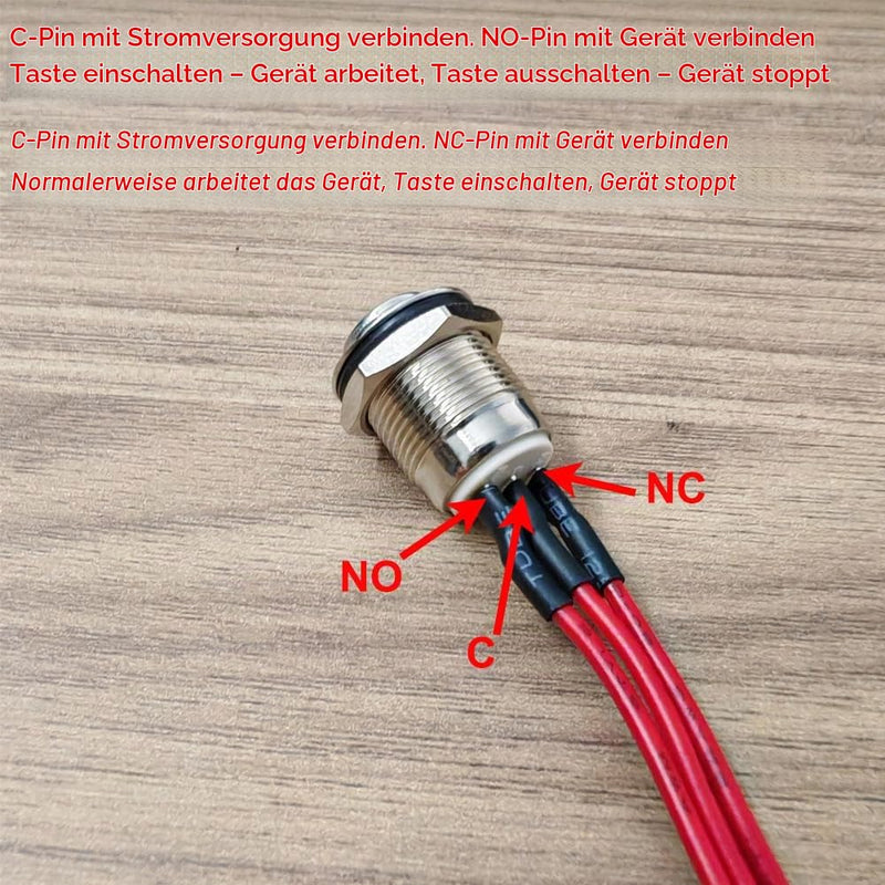 Formed 2 Pieces Prewired 12mm Waterproof Momentary Metal Push Button 3 Pin NO/NC Push Button ON/OFF 1A 12V/24V/125V/250V AC (High Head) 12 mm - Momentary - NO/NC - With Cable - High Head