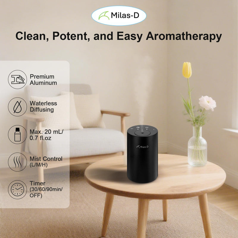 [Australia - AusPower] - Waterless Essential Oil Diffuser, Battery Operated Nebulizer with 3-Timers & 3 Mist Levels, 0.7 fl.oz./20ml, Mini Scent Air Machine, Home Car Office Studio, Portable & Rechargeable, Milas-D, Black 