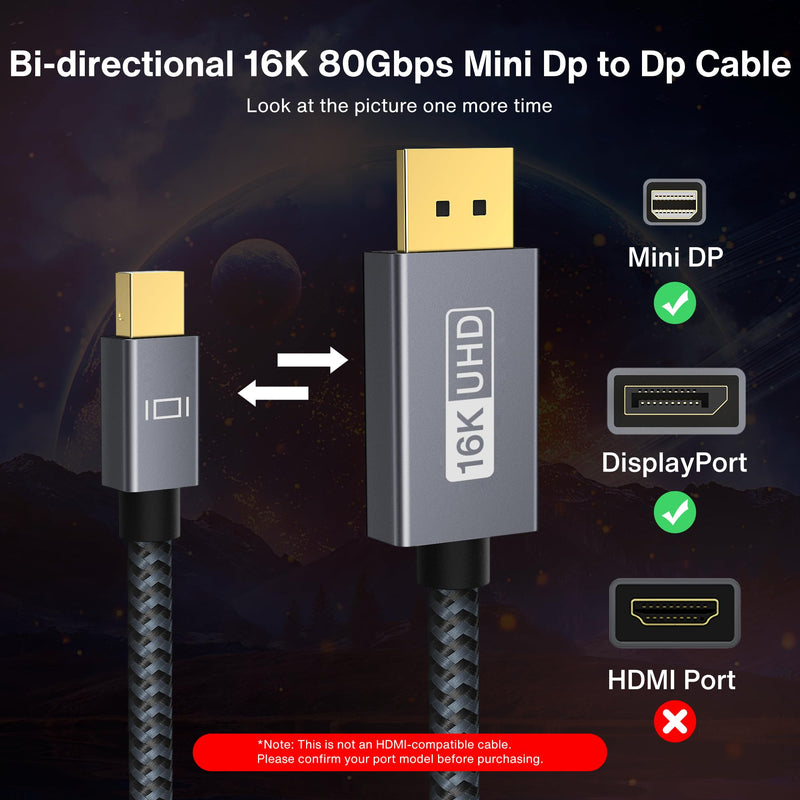 IVANKY 16K Mini DisplayPort to DisplayPort 2.1 Cable 10ft, 80Gbps [16K@60Hz, 8K@120Hz, 4K@240Hz] HDR, Bi-Directional Mini DP to DP Cable [Thunderbolt 2] 24K Gold-Plated, Aluminum Shell Braided for PC 10 Feet Grey