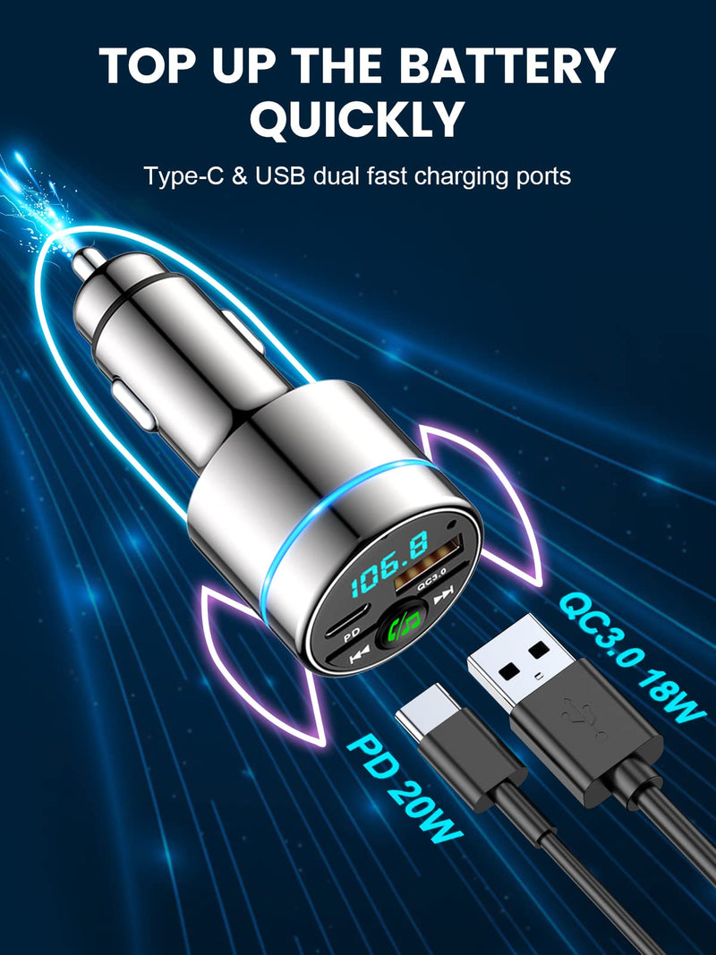 [Australia - AusPower] - FM Transmitter for Car Bluetooth 5.3, [All-Metal] PD 30W & QC3.0 18W Fast Car Charger, Wireless FM Radio Car Kit Bluetooth Car Adapter, Noise Cancelling Hands-Free Call, Blue Light - Silver 