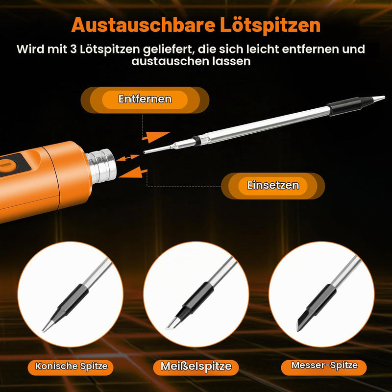 Battery Soldering Iron Set with Stand, Portable Wireless Soldering Iron with LCD, Adjustable Temperature 180-450°C, 3 Soldering Tips, Suitable for Repair Circuit Boards, Welding Repairs - Orange