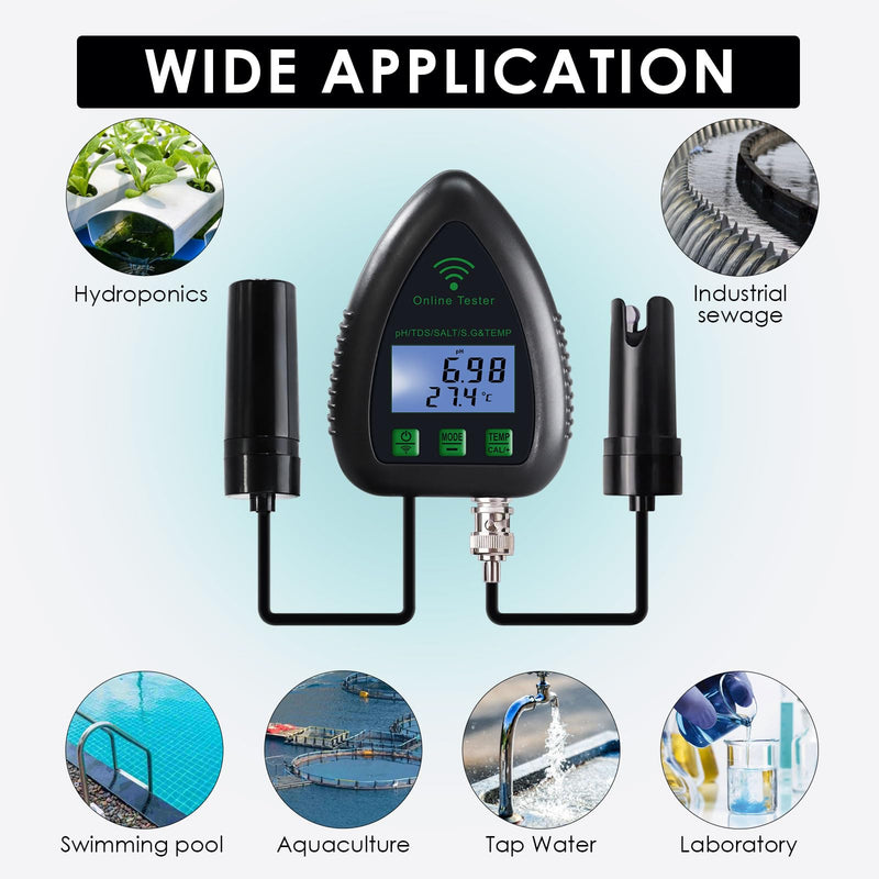 [Australia - AusPower] - Online APP Monitoring WiFi Water Quality Tester pH/TDS/Salt/S.G/Temperature for Aquarium Hydroponics Pool Aquaculture with Easy Calibration 