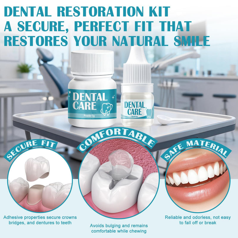 Dental cement self-hardening durable, tooth adhesive for crowns, 5 g + 5 ml | Dental denture glue, solution for crowns, bridges, dental caries and lost fillings, dental filling repair kit
