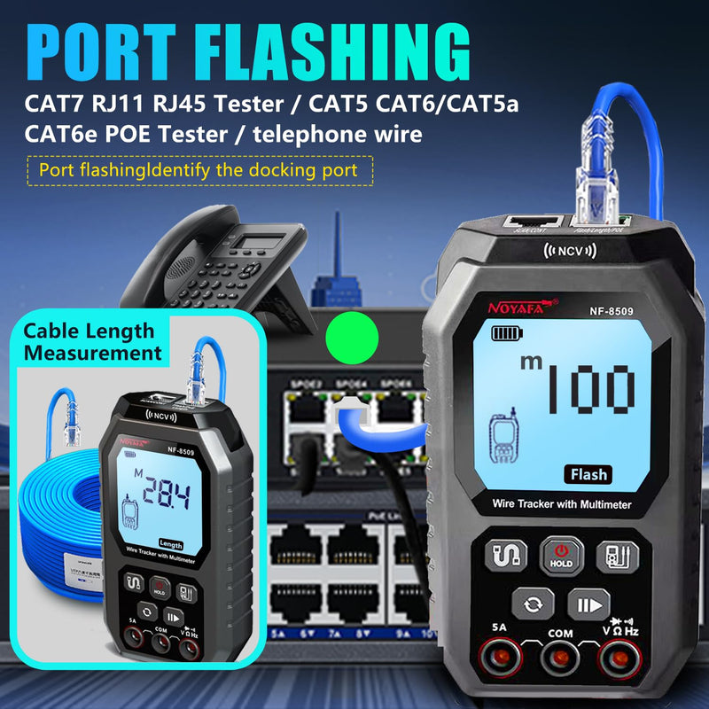 [Australia - AusPower] - NOYAFA NF-8509 Network Cable Tester (with Multimeter Tester), POE/RJ45 RJ11 CAT5 CAT6 LAN/Ethernet Port Flashing, Anti-Interference TDR Network Tester/NCV Anti-Burnout AC DC Voltmeter Network Tool Black 