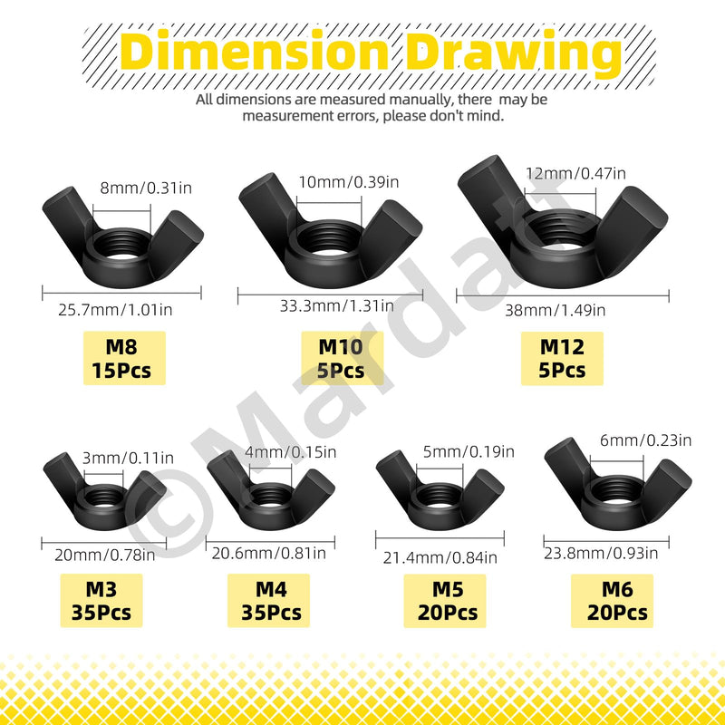 [Australia - AusPower] - 135Pcs Metric Butterfly Wing Nuts Assortment Set, M3-M12, Carbon Steel, Black 
