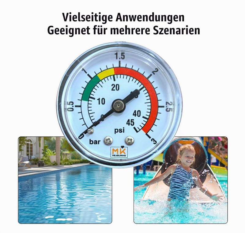 Pool Filter Pressure Gauge 0-3 Bar / 45 PSI, 1/4" BSP Brass Connector Axial, 2" Dial, for Sand Filter Systems - Includes Teflon Tape and 1/8" Adapter 1/4 BSP - Axial