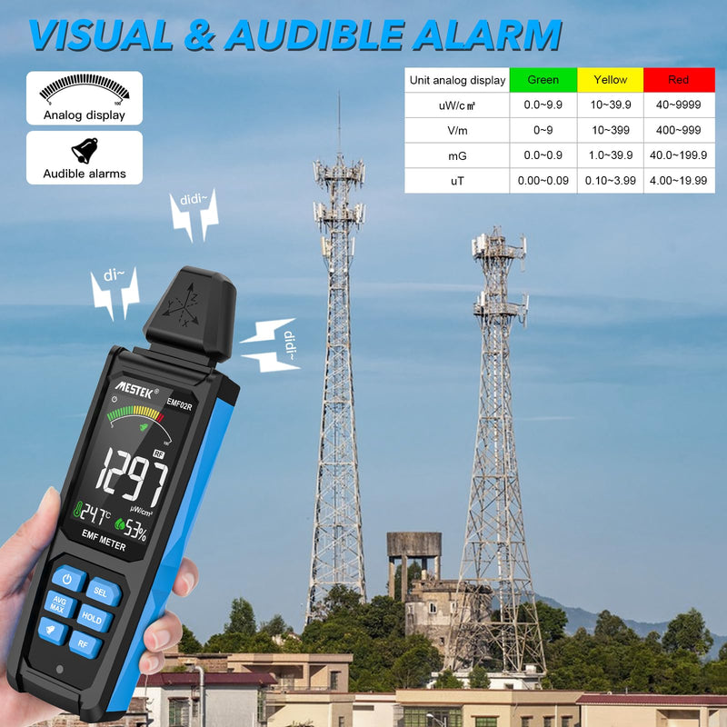 EMF Meter MESTEK 5-in-1 EF/MF/Radio Frequency EMF Meter, Electromagnetic Fields High Frequency Field Radiation Meter with Digital LCD Rechargeable for Home, Office and Outdoor Use black and blue