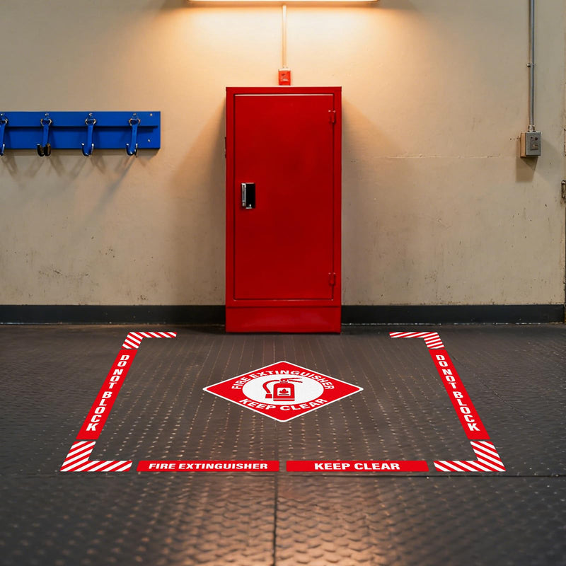 2 Pack Fire Extinguisher Signs Self Adhesive Keep Clear Do Not Block Floor Sign with Strips Waterproof Vinyl Fire Extinguisher Floor Marking Kits for Business Warehouse Office Red