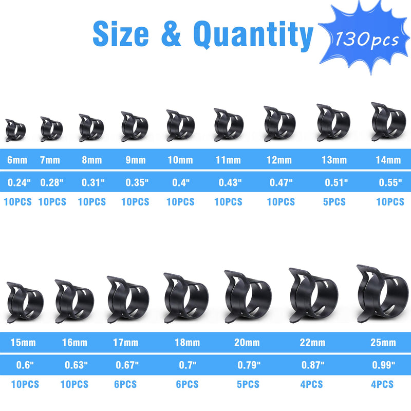 [Australia - AusPower] - 130Pcs 6-25mm Spring Band Hose Clamps With Swivel Flat Hose Clamp Plier Assortment Kit, Constant Tension Steel Clamps for Fuel Lines, Silicone, Vacuum Hoses & Low-Pressure Air Clips 130pcs Spring Clamps with Plier 
