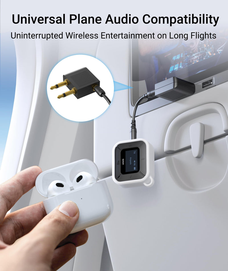 [Australia - AusPower] - Syntech Bluetooth Transmitter Receiver for Airplane with Extra Dual 3.5mm Jack AUX Adapter, LED Display Dual Link Low Latency Bluetooth 5.3 Audio Adapter for AirPods Wireless Headphone Car White 