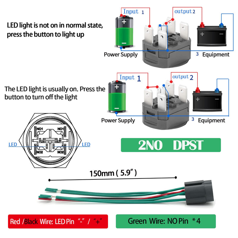 [Australia - AusPower] - 22mm Push Button Switch 15A 110V/120v Latching 2NO DPST Angel Eye LED Stainless Steel Round Self-Locking 7/8'' with Wire Socket Blue Latching 120V 