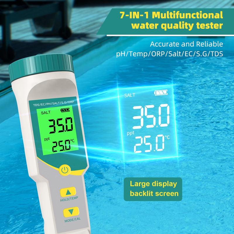 [Australia - AusPower] - 7 in 1 Digital Water Tester Pool Salt Tester Salinity, PH, TDS, EC, ORP TDS Meter, PH Meter for Water with LCD Backlit Testing Kits for Swimming Pool,Saltwater, Sea Water, Fish Tank 