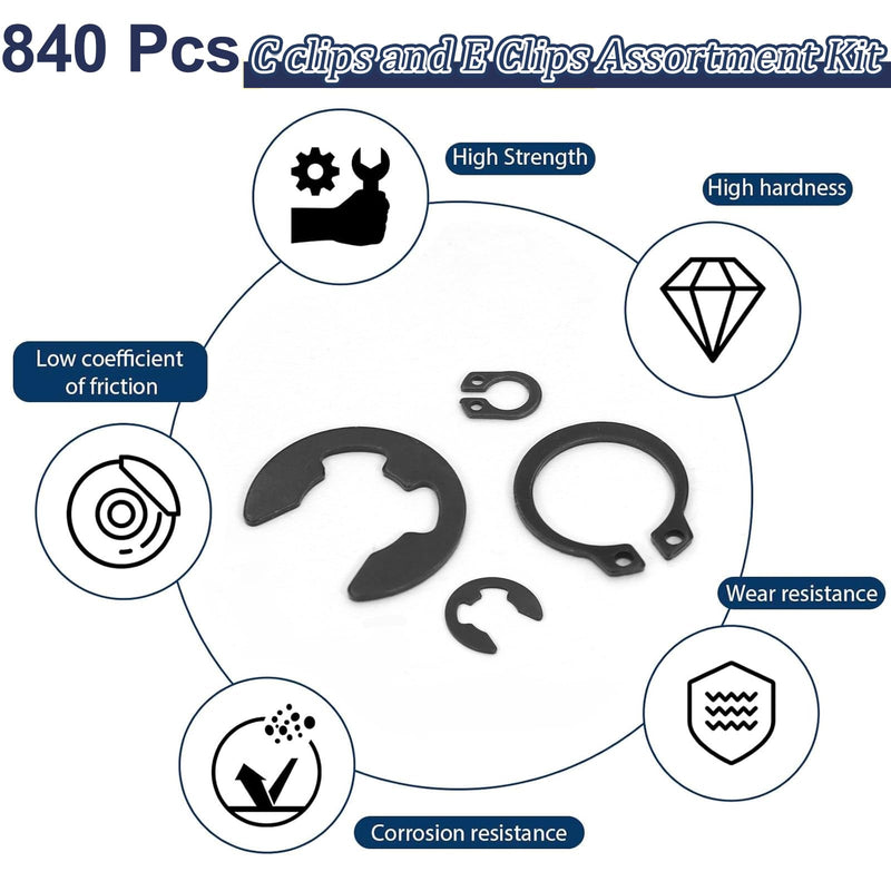 [Australia - AusPower] - ZQZ 840Pcs C Clips Assortment (M5-M16) and E Clips Assortment Set (2.0mm-12mm), External Retaining Rings, 24 Sizes Snap Rings Assortment Kit, Black Carbon Steel Circlip Retaining Clip Black carbon 840pcs e-clips+c-clips 