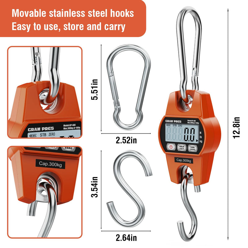 GRAM PRES Digital Hanging Scale, Mini Crane Scale 660LB/300KG,Deer Hunting Scales,Digital Scale with Hooks for Farm Fishing, Fish,Luggage，Outdoor.