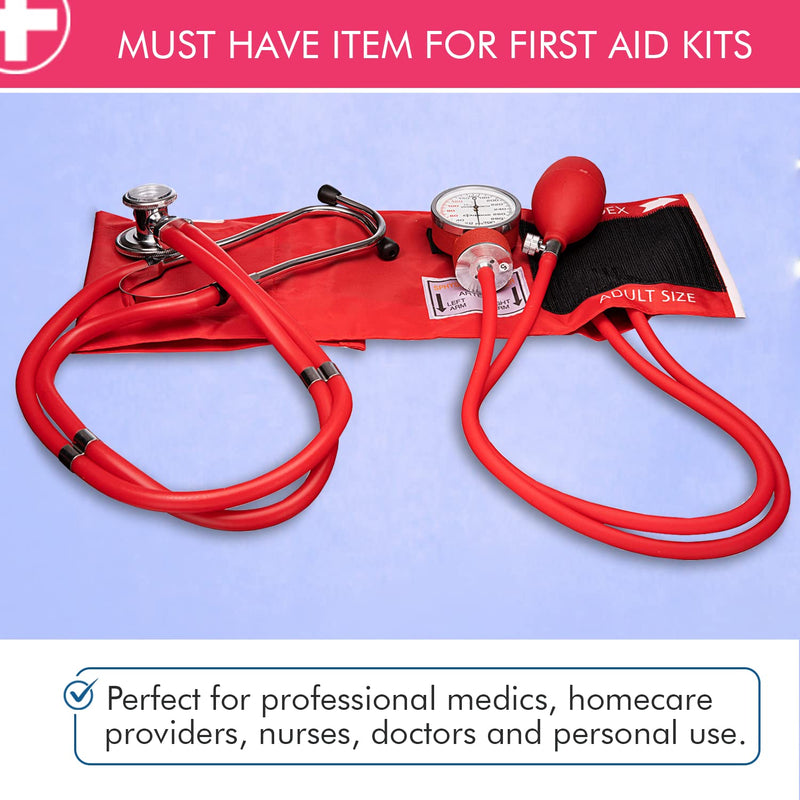 [Australia - AusPower] - NOVAMEDIC Professional Aneroid Sphygmomanometer Blood Pressure Machine and Stethoscope Set, Universal Adult Size Cuff Arm 8.7-16.5", Manual Emergency BP Monitor Kit with Carrying Case, Red 