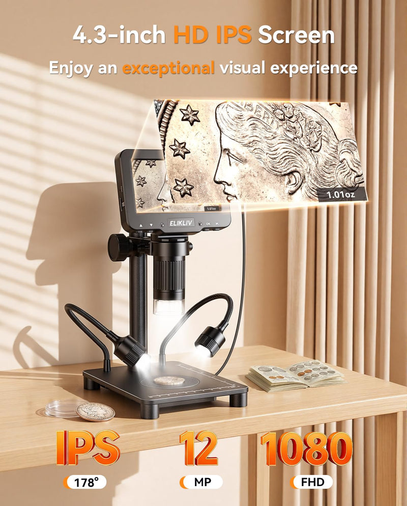 Elikliv Microscope with Weighing Scale, Digital Magnifier for Error Coins, Jewelry Magnifying Glass with Lights, 4.3" LCD Screen 12MP Camera 1080P Video USB PC View for Adults Collectors Supplies Black