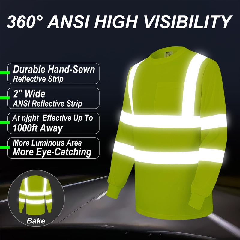 wefeyuv Safety Shirt Long Sleeve High Visibility Reflective Breathable T Shirt for Work Warehouse Construction Class 3 X-Large Yellow
