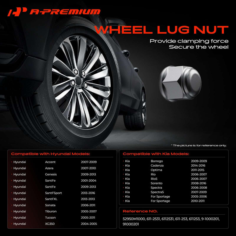 A-Premium Wheel Lug Nuts Compatible with Hyundai Santa Fe Sonata Accent Genesis Tiburon Tucson Kia Optima Sorento Sportage Spectra5 Rio5 20-PC Set 20 PCS