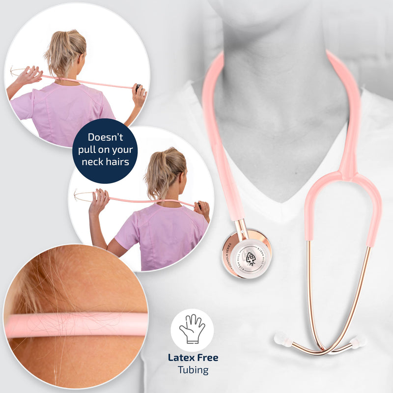 [Australia - AusPower] - Rose Gold Pink Stethoscope & Case | Perfect for Medical Student Veterinarian Doctor |Spare Parts Ear Tips & Non Chill Rim | Nurse Accessories for Work Essentials | Light Pink Tubing RGLP Rose Gold - Light Pink Stainless Steel 