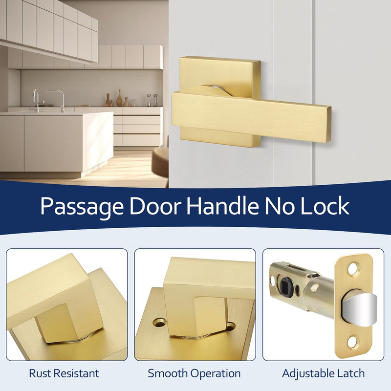 1 Pack Brushed Gold Door Handles, Passage Door Knob Without Lock, Interior Hallway/Closet Door Handle, Keyless Square Door Lever, Left/Right Reversible Satin Brass Passage Door Lever 1