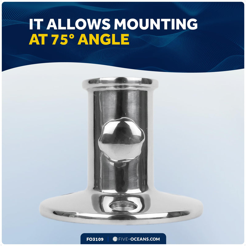 Five Oceans Top-Mount Boat Flag Pole Socket with Knob, Flag Pole Holder, Fits 3/4 Inch Diameter Poles - Tilts 15-Degree Angle, Marine Heavy Duty Polished AISI316 Stainless Steel - FO3109
