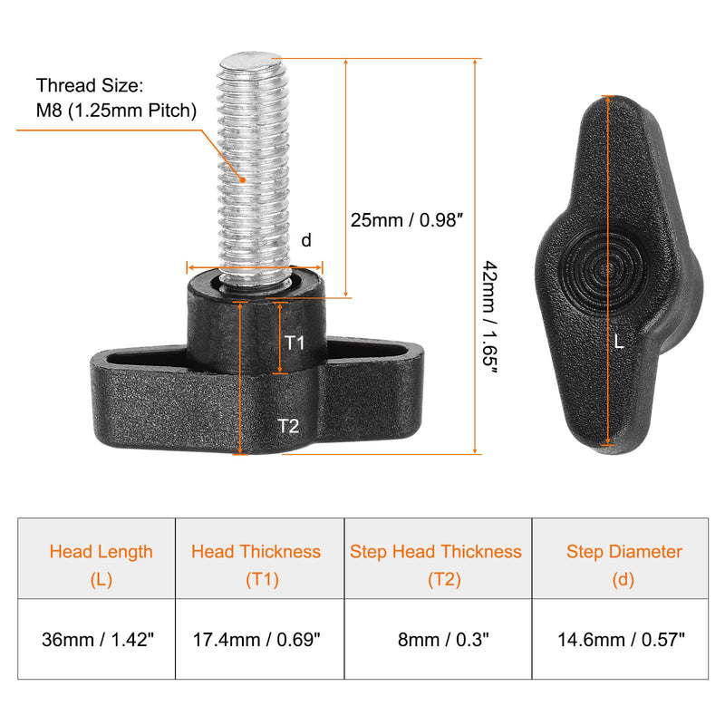 [Australia - AusPower] - HARFINGTON 10pcs Wing Knobs M8 x 25mm Male Thread Plastic Tee Stud Knobs T Threaded Handles Hand Clamping Tightening Thumb Screws Thumbscrew, Black 