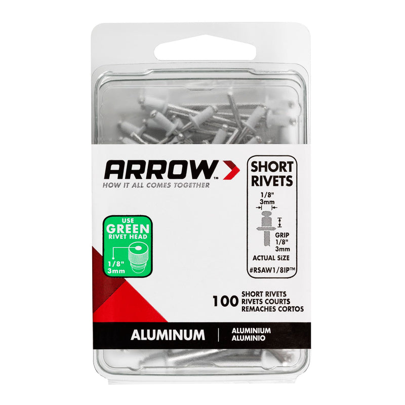 Arrow RSAW1/8IP Short Aluminum 1/8-Inch Pop Rivets for Metal, Fabric, Leather, and Auto Repair, 100-Pack