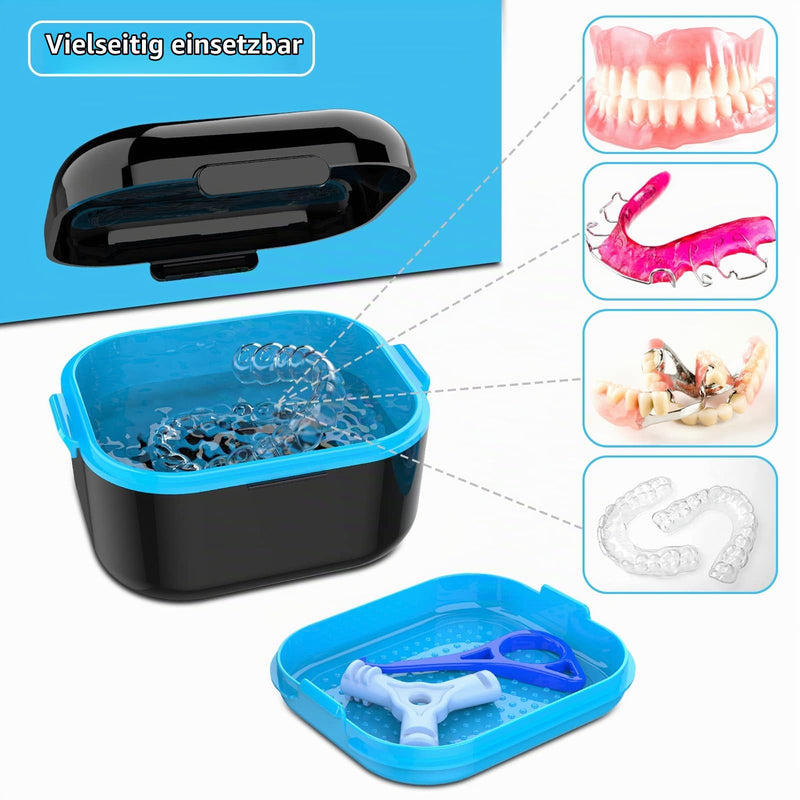 BVN Braces Box & Teeth Cleaner Set - Storage Box for Dental Splint, Prosthesis & Bit, Includes Cleaning Tablets, Denture Container, Travel-Friendly, Black Black Blue